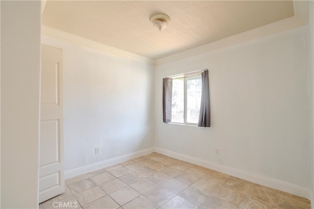 unfurnished room with crown molding and a textured ceiling