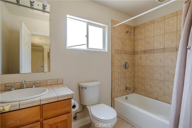 full bathroom featuring shower / bath combination with curtain, vanity, and toilet