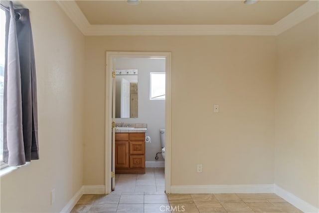 interior space featuring ornamental molding and sink