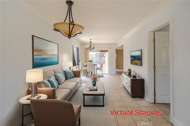 tiled living room featuring ornamental molding and a notable chandelier