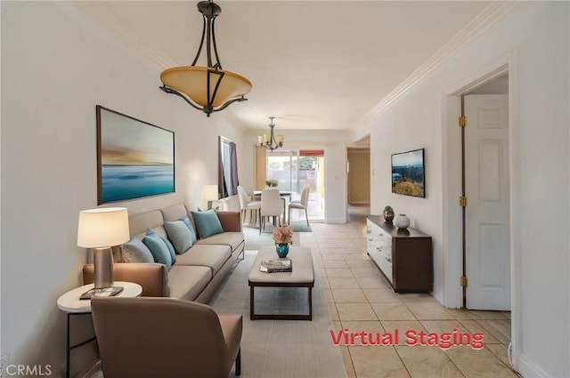 tiled living room with crown molding and a notable chandelier