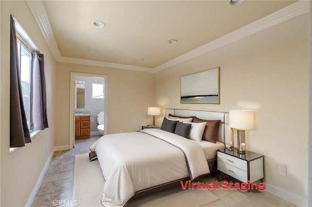 tiled bedroom with ensuite bathroom and crown molding