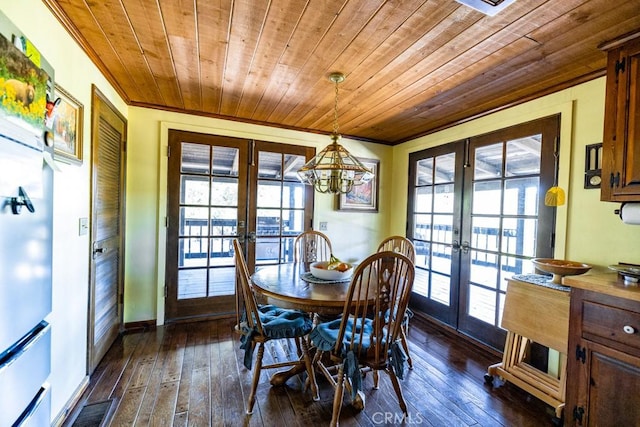 dining room with a chandelier, french doors, wood ceiling, and dark hardwood / wood-style floors