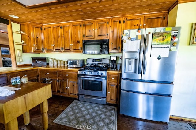 kitchen featuring stainless steel appliances, dark wood-type flooring, and wood ceiling