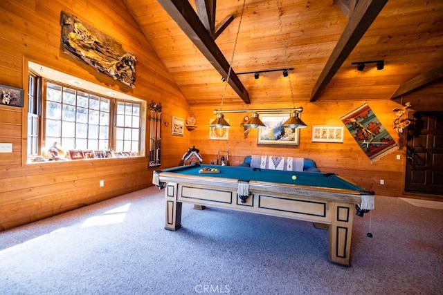 recreation room with carpet, lofted ceiling with beams, wooden walls, and billiards