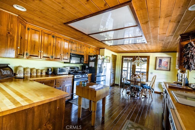 kitchen with wooden counters, vaulted ceiling, dark hardwood / wood-style flooring, wood ceiling, and stainless steel appliances