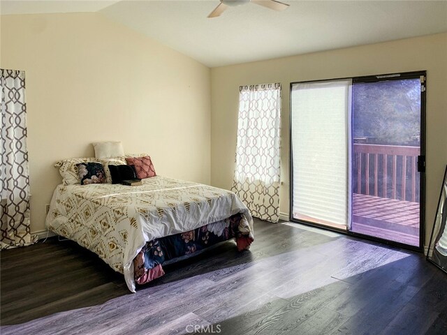 bedroom featuring ceiling fan, wood-type flooring, access to outside, and lofted ceiling