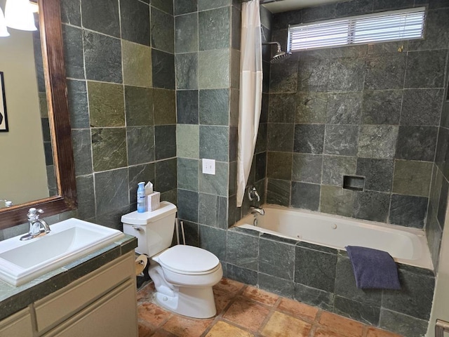 full bathroom featuring shower / bath combination with curtain, toilet, tile walls, and vanity