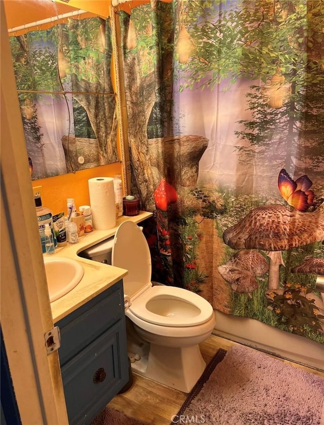 bathroom with vanity, curtained shower, toilet, and wood-type flooring