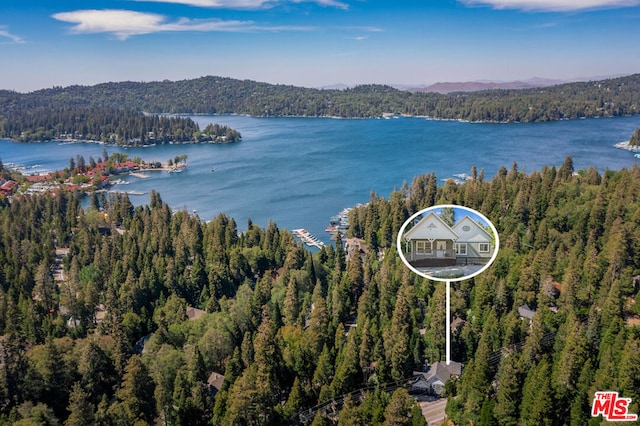 birds eye view of property with a water view