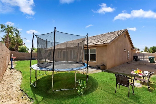 back of house with a trampoline and a lawn