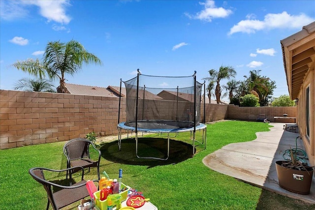 view of yard with a patio and a trampoline