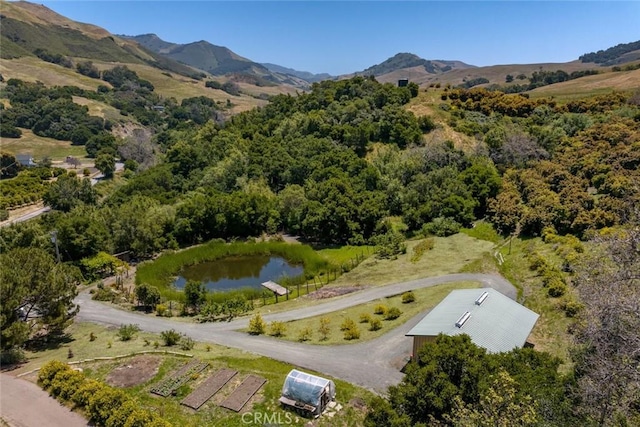 drone / aerial view with a water and mountain view