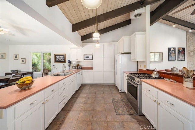 kitchen with wood ceiling, white appliances, decorative light fixtures, and lofted ceiling with beams