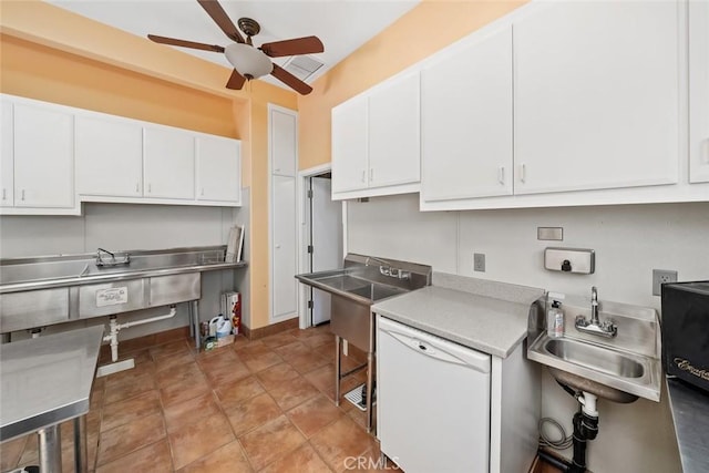 kitchen featuring white cabinetry, sink, ceiling fan, and white dishwasher