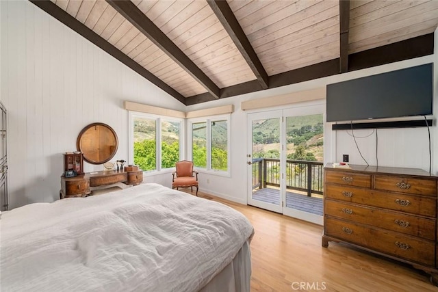 bedroom featuring wood ceiling, access to exterior, beam ceiling, high vaulted ceiling, and light hardwood / wood-style floors