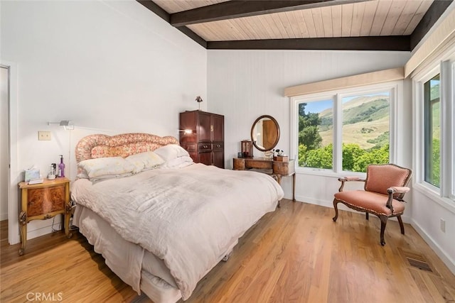 bedroom featuring lofted ceiling with beams, wood ceiling, and light hardwood / wood-style floors