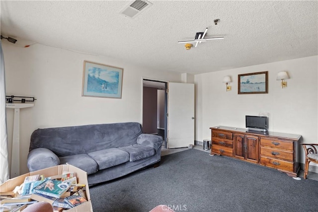 living room with carpet and a textured ceiling