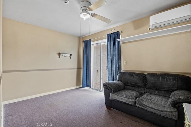 carpeted living room with ceiling fan and a wall unit AC