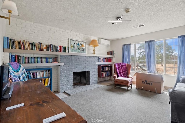 living room with a fireplace, a textured ceiling, and carpet floors