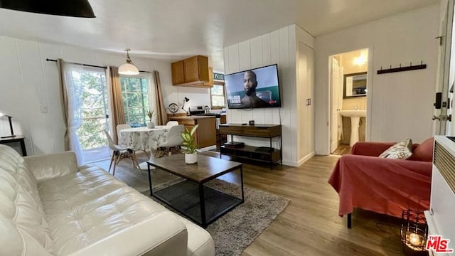 living room featuring light hardwood / wood-style flooring and sink