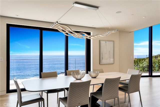 dining room featuring floor to ceiling windows, light hardwood / wood-style floors, and a water view