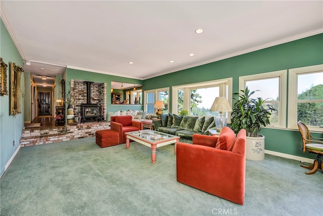 living room featuring ornamental molding, carpet floors, and a wood stove