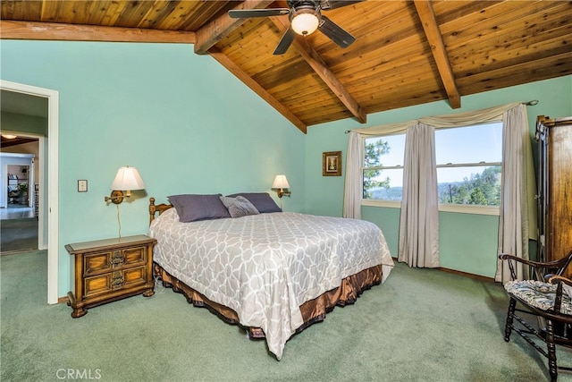 bedroom featuring carpet flooring, vaulted ceiling with beams, ceiling fan, and wood ceiling