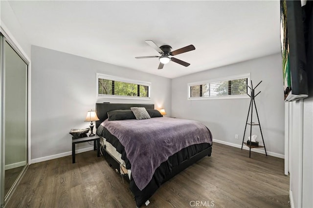7410 Frontera Ave, Yucca Valley, CA 92284 - bedroom with dark wood-type flooring, a closet, and ceiling fan