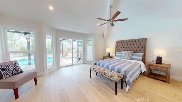 bedroom featuring ceiling fan, access to exterior, multiple windows, and light wood-type flooring