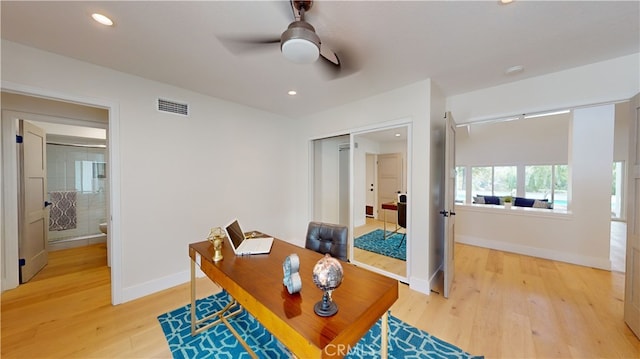 office area featuring ceiling fan and wood-type flooring