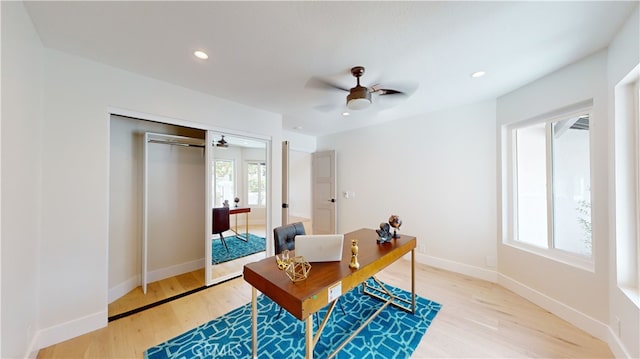 office area featuring light hardwood / wood-style floors and ceiling fan