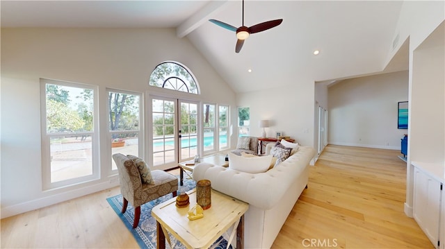 living room featuring beam ceiling, high vaulted ceiling, ceiling fan, and light wood-type flooring