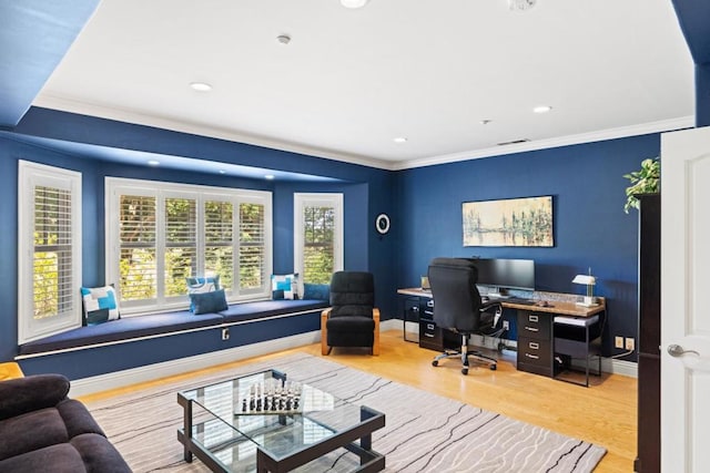 office area featuring hardwood / wood-style flooring and ornamental molding