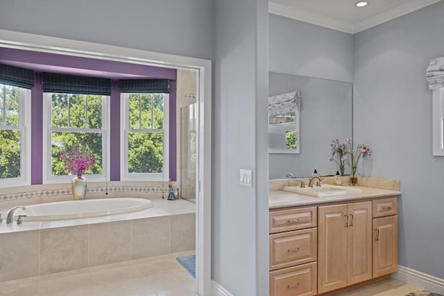 bathroom featuring vanity, tiled bath, tile patterned floors, and ornamental molding