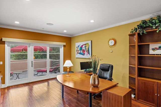 office featuring hardwood / wood-style flooring and ornamental molding