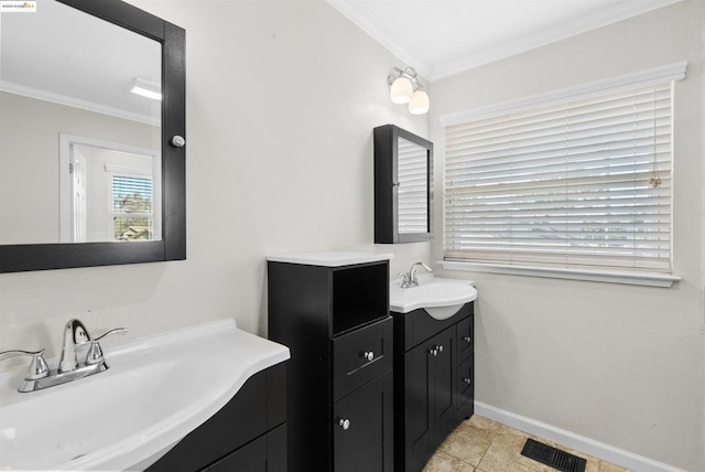 bathroom featuring crown molding, tile patterned floors, and vanity