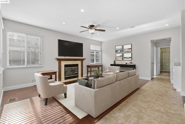 living room featuring ceiling fan