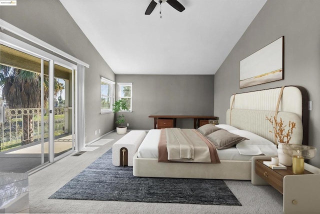 carpeted bedroom with vaulted ceiling, ceiling fan, and access to exterior