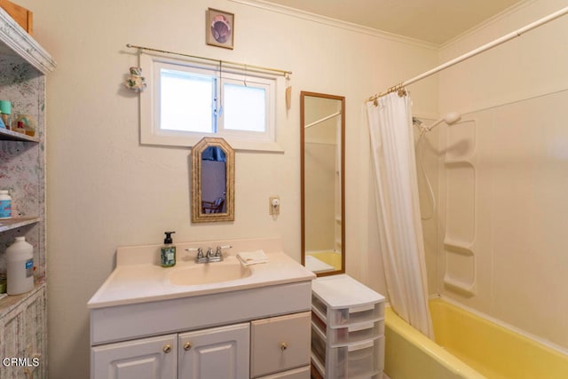 bathroom with crown molding, vanity, and shower / tub combo with curtain