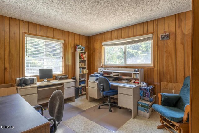 carpeted home office with wood walls and a textured ceiling