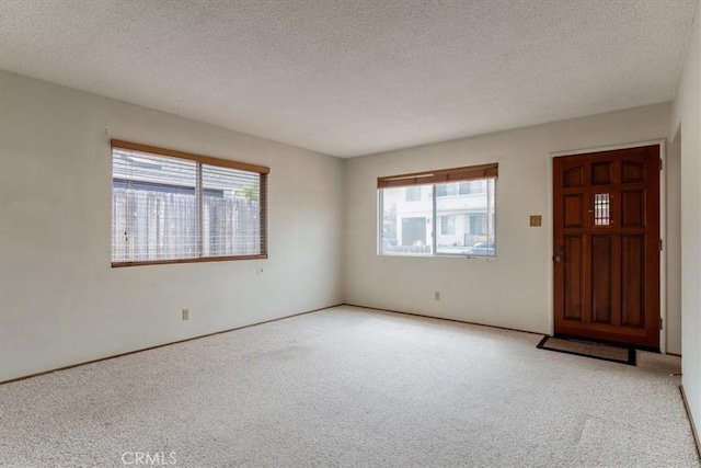 interior space featuring light carpet, a textured ceiling, and a wealth of natural light