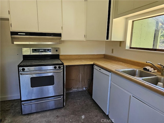 kitchen featuring white cabinets, exhaust hood, sink, dishwasher, and stainless steel electric range