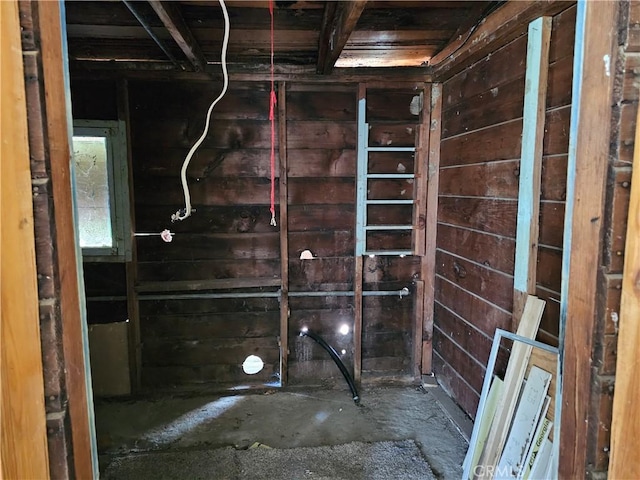 basement featuring wooden walls