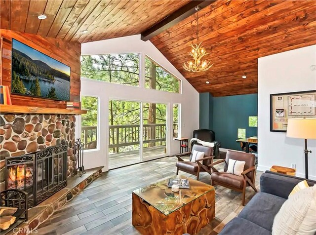 living room with hardwood / wood-style flooring, a fireplace, wood ceiling, and plenty of natural light