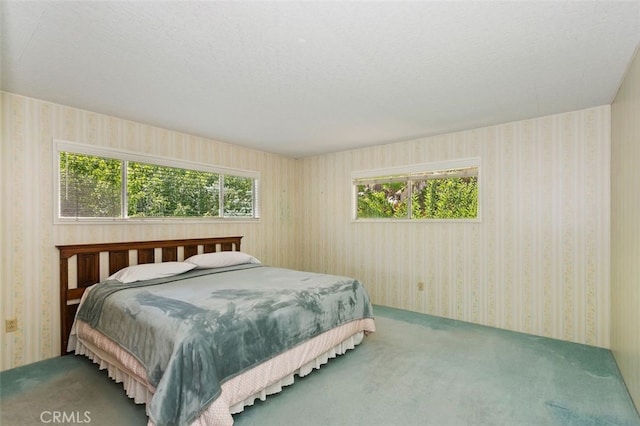 bedroom with carpet floors and a textured ceiling