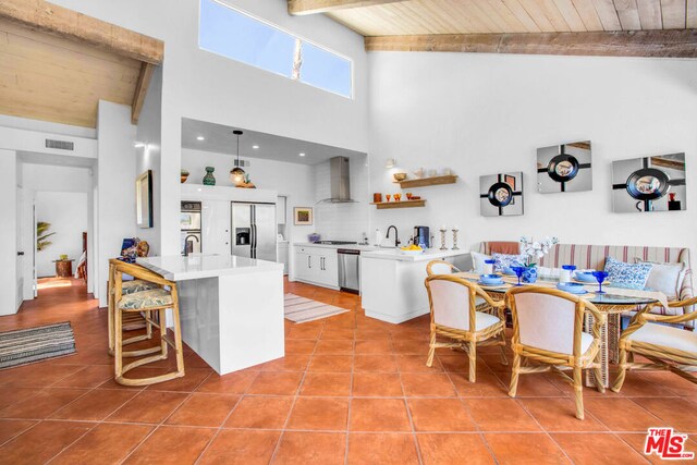 kitchen featuring beam ceiling, appliances with stainless steel finishes, wood ceiling, white cabinets, and wall chimney exhaust hood