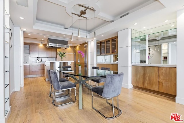 dining room with a tray ceiling and light hardwood / wood-style floors