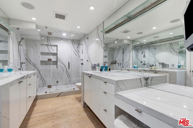 bathroom with walk in shower, vanity, and toilet