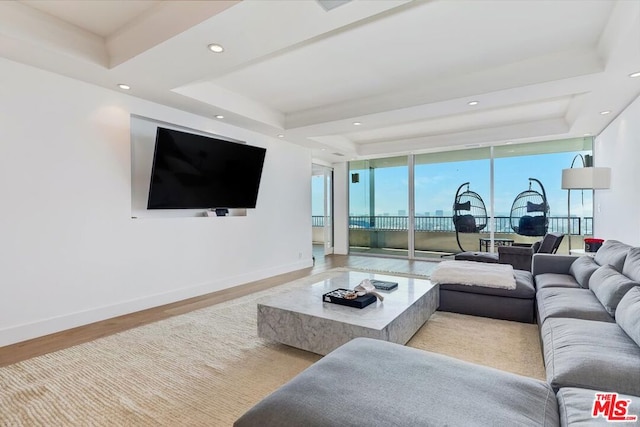 living room with floor to ceiling windows, light hardwood / wood-style floors, and a tray ceiling